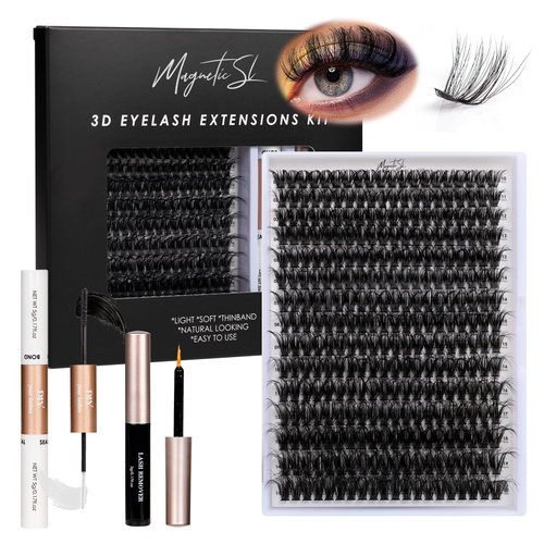 300PCS Fluffy Lash Clusters 10-20mm Thick Lash Extension Kit 3D Volume Eyelash Clusters Wispy 60D D Curl DIY Individual Lashes Kit with Lash Bond and Seal,Lash Remover, Lash Tweezers(60D-300PCS-KIT)