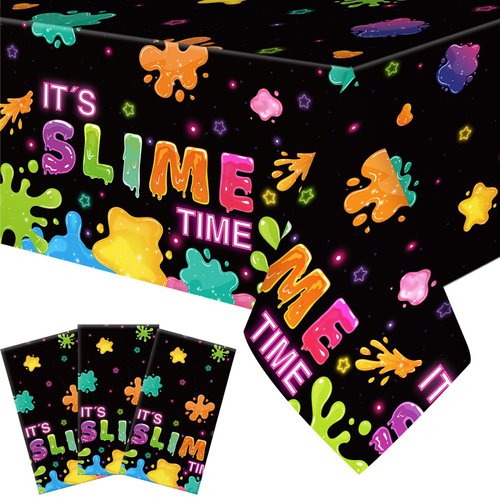 Tingjoo 3 Pack Slime Party Tablecloths It's Slime Time Art Table Covers 54 x 108 Inch Rectangle Slime Glow Table Cloth Plastic Disposable Colorful Tablecloths for Slime Art Birthday Party Decorations