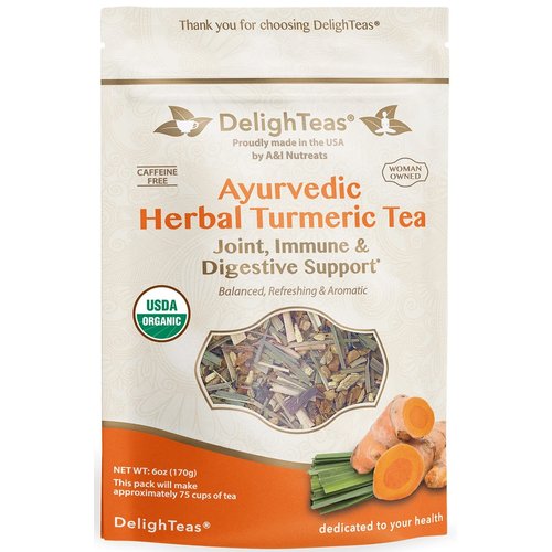 DelighTeas Organic Turmeric Ginger Tea | Ayurvedic Loose Leaf Herbal Turmeric Tea for Joint, Immune & Digestive Support | Non-GMO, Caffeine Free, Unsweetened | 75 Servings, 6oz.