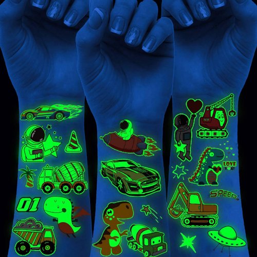 20 Sheets Glow In The Dark Temporary Tattoos For Kids Boys, Dinosaur Construction Truck Racing Car Outer Space Astronaut Fake Night Glitter Glowing Luminous Tattoo Stickers For Children Excavator