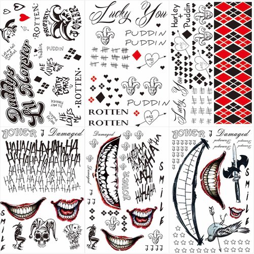 Zeecdatoo 36 Sheets Halloween Temporary Tattoos for HQ Joker Suicide Squad, Halloween Tattoos for Harley Quinn Halloween Cosplay Costumes and Party Accessories, Halloween Zombie Fake Scars Tattoos