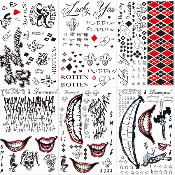 Zeecdatoo 36 Sheets Halloween Temporary Tattoos for HQ Joker Suicide Squad, Halloween Tattoos for Harley Quinn Halloween Cosplay Costumes and Party Accessories, Halloween Zombie Fake Scars Tattoos
