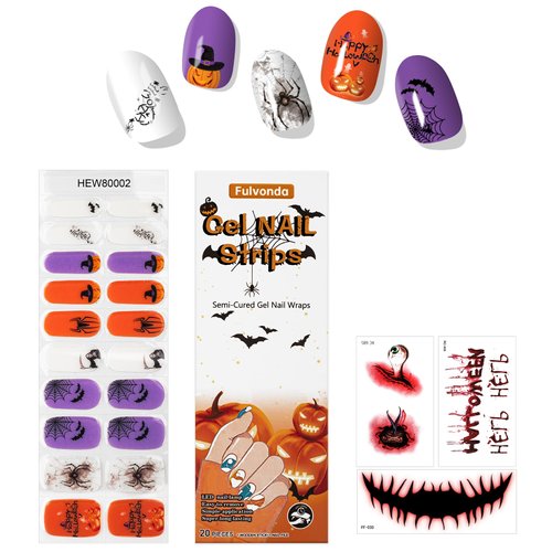 Semi-Cure Nail Gel Strips,Nail Gel Stickers for Halloween Party,23PCS Gel Nail Wraps and Halloween Decor Transfer Stickers,Halloween Design,Pumpkin,Spider webs,Ghost,Halloween Party Decor (HEW80002)
