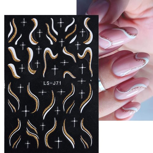 8 Sheets French Tip Nail Art Stickers Decals French Stripe Marble Glitter Nail Art Decals 3D Self-Adhesive Nail Art Accessories Line Ribbon Nails Design Nail Supplies for Women DIY Nail Decorations