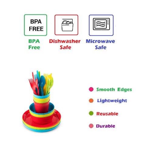 Plaskidy Kids Dinnerware Set for 4-24 Piece Plastic Childrens Dishes Dinnerware Sets Microwave/Dishwasher Safe BPA Free - Toddler Dinner Set Includes Kids Plates and Bowls Kids Cups Flatware Set