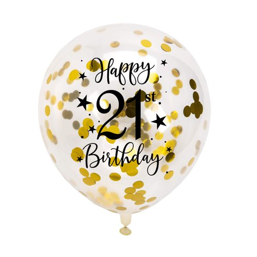 Gold 21st Confetti Latex Balloons, Girls or Boys Happy 21 Years Birthday Party Balloon Decoration With Confetti, 12in, 16 Pack