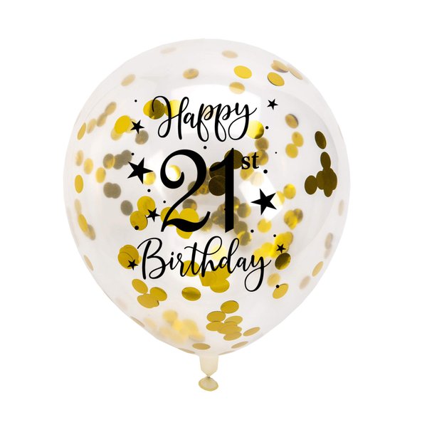 Gold 21st Confetti Latex Balloons, Girls or Boys Happy 21 Years Birthday Party Balloon Decoration With Confetti, 12in, 16 Pack