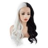 Meiyite Hair Wavy Long 24inch Half Black and Half White Mix Half Hand Tied Heat Resistant Synthetic Lace Front Wigs