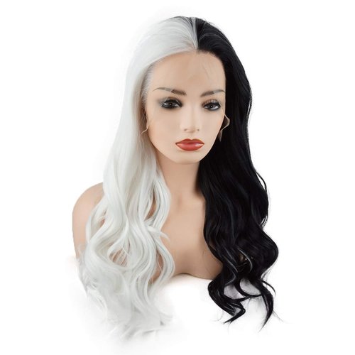 Meiyite Hair Wavy Long 24inch Half Black and Half White Mix Half Hand Tied Heat Resistant Synthetic Lace Front Wigs