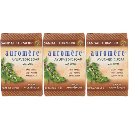 Auromere Ayurvedic Bar Soap, Sandal Turmeric - Eco Friendly, Handmade, Vegan, Cruelty Free, Natural, Non GMO (2.75 oz), 3 pack