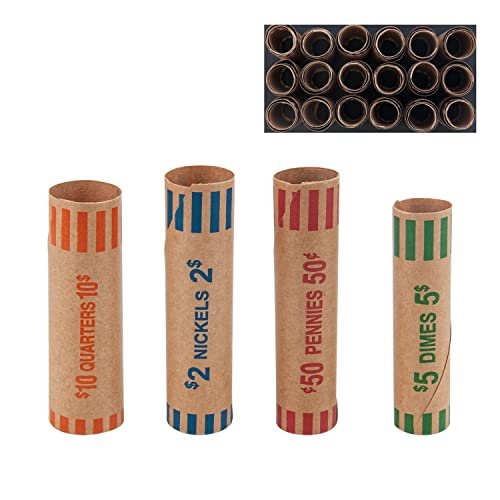 NATURALABEL 72 Assorted Coin Wrappers Rolls - 18 Quarters, 18 Pennies, 18 Nickels, 18 Dimes, Durable Preformed Paper Coins Tubes, Change Rolls Wrappers (72pcs)