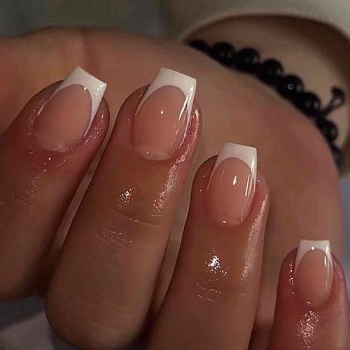 Short Press on Nails French Tip Fake Nails Short Coffin Shaped Glue on Nails with Designs Full Cover White Nail Tips False Nails Glossy Nude Acrylic Nails for Women and Girls DIY Nail Salon, 24PCS