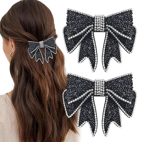 2 PACK Black Rhinestone Bow Hair Clips French Design Barrettes Sparkly Bow-knot Hair Accessories for Women Girls Halloween Party