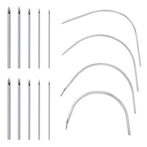 JIESIBAO 14PCS Mixed Body Piercing Needles,Stainless Steel 12G 14G 16G 18G 20G Disposable Piercing Needles for Ear Nose Belly Nipple Lip Tongue Cheek Piercing（Curved, Straight
