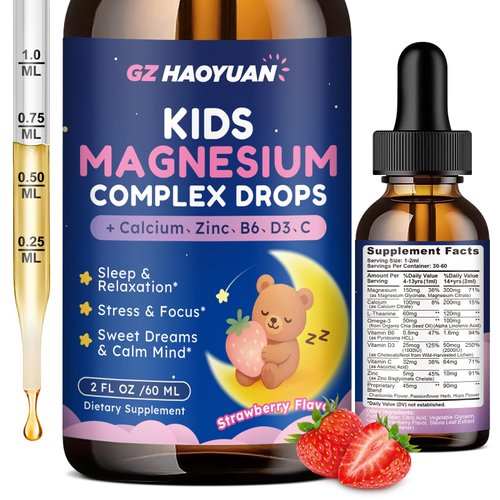 Kids Magnesium Liquid Drops - Magnesium Glycinate Drops for Kids, Citrate Liquid with Calcium, Omega-3, L-theanine, Zinc, Vitamin B6 D3 C for Sleep, Relaxation, Calm & Focus, Strawberry Flavor,2 Fl Oz