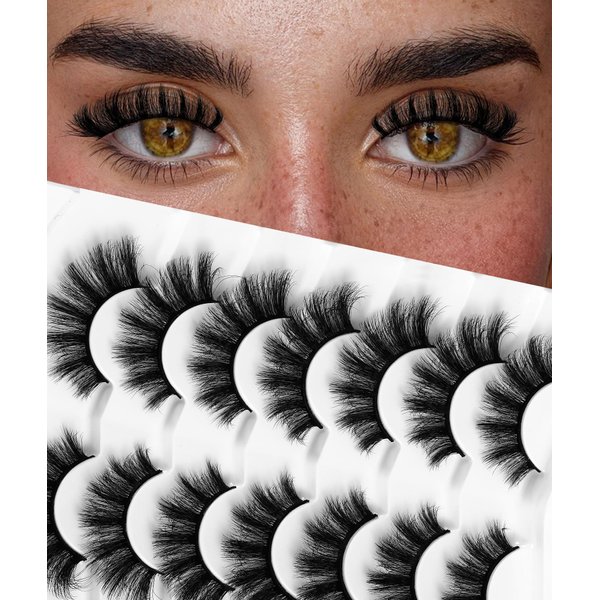 False Eyelashes Wispy Faux Mink Lashes Fluffy Handmade Full Length Lash Extension 16mm Fake Eyelashes Natural Look 7 Pairs Pack Luxury Cat Eye Lashes (8D02)