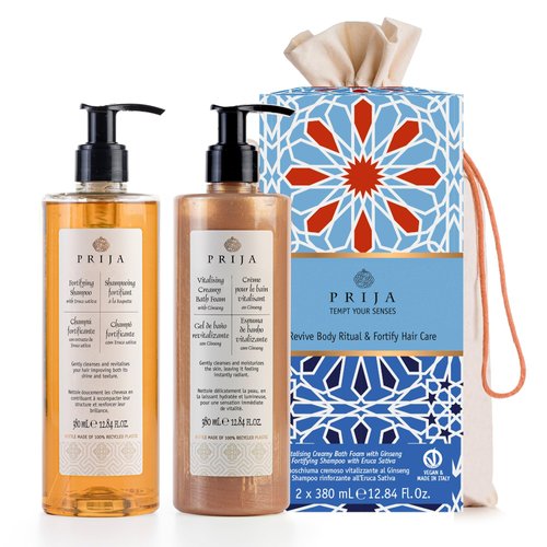 Prija Hair and Body Gift Set with Fortifing Shampoo and Vitalising Creamy Bath Foam with Natural Oils and Warm Notes of Vanilla, Cardamom and Cedar Wood 2 x 12.8 Fl. Oz
