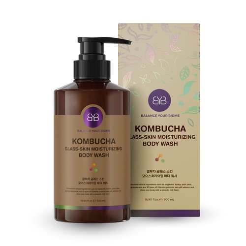 BALANCE YOUR BIOME Kombucha Glass-Skin Moisturizing Body Wash, Fermented soybean, barley, Pear Juice, Pomegranates,12 Vitamins, Nurishing, Cleansing, 16.9 fl.oz.500ml