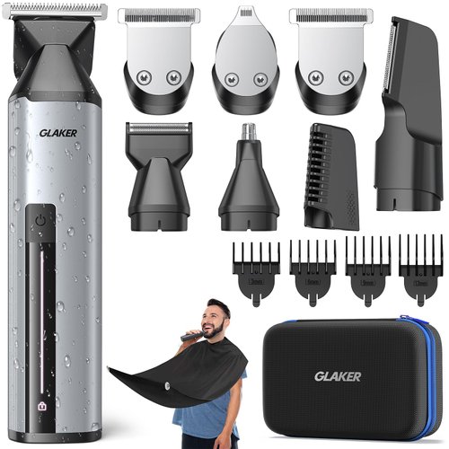 GLAKER Beard Grooming Kit - All in One Hair Cutting Kits, Electronic Shaving Razor, Professional Barber Kit, Mens Body Hair Shaver, Cordless Nose Hair Trimmer, Rechargeable Hair Clippers for Men