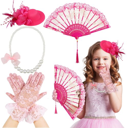 Sintege 4 Pcs Girls Tea Party Supplies Set Tea Party Gloves Hats Girls Tea Party Necklace Fan for Girls Tea Party Favor(Rose Red)