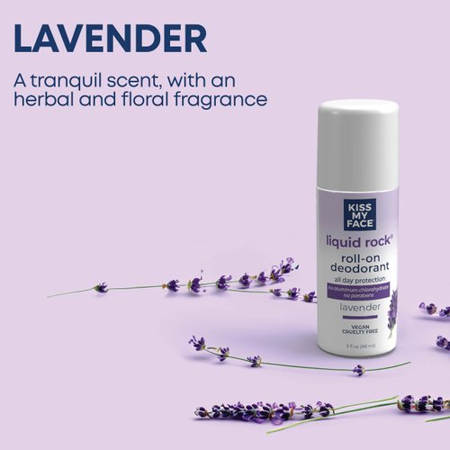 Kiss My Face Liquid Rock Roll-On Deodorant, Lavender, Aluminum Chloralhydrate Free Deodorant For Women And Men, With Added Willow Bark And Mineral Crystal Salts, 3 Oz Roll On, 6 Pack