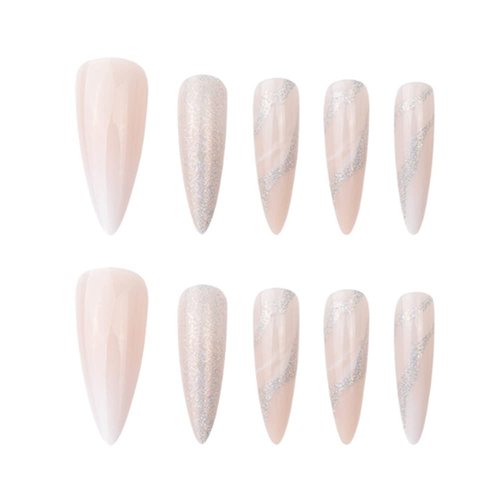 YoYoee Stiletto Luxury False Nails Long Marble Nails Nude Press on Nails Glitter Acrylics Full Cover Gradient Fake Nails Tips for Women and Girls 24PCS