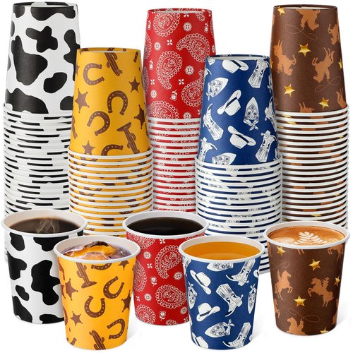 Yaomiao 200 Pcs Western Cowboy Party Disposable Paper Cups Bulk 9 Oz Golf Disposable Coffee Paper Cups for Western Cowboy Party Supplies (Cowboy)