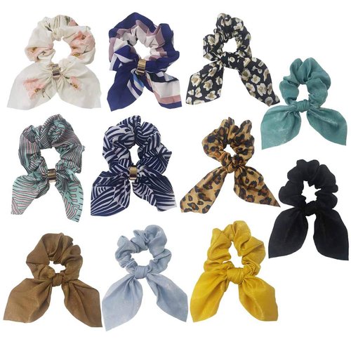 QiKoKo 11Pcs Hair Scrunchies Bowknot Satin Chiffon Elastics Ribbon Ear Bow Solid and Flower Colors Scrunchy Scarf Scrunchie Vintage Ponytail Holder Ties Bands Accessories for Women Girls (short11p_02)