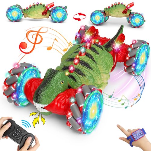 Yerloa Dinosaur Toys for Kids 3-5 5-7 Christmas Birthday Gift, Remote Control Dinosaur for Boys 4-7 8-12, Dino Toy for Ages 4 5 6 7 8-13, Gesture Sensing RC Car, RC Stunt Twist Car with Light & Music