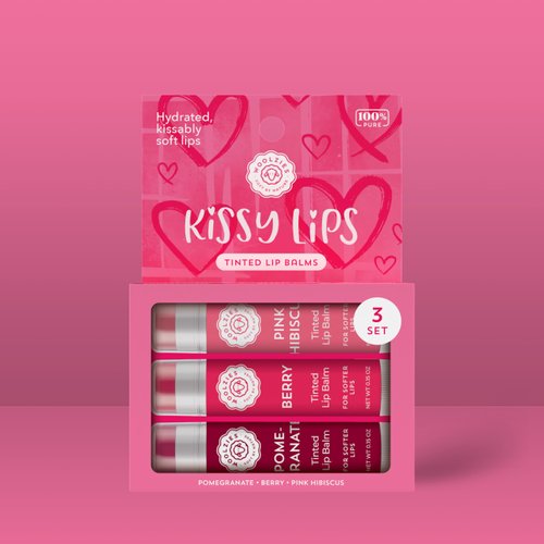 Tinted Lip Balm Set: All-Natural Shea Butter, Beeswax, Coconut Oil, Vitamin E Infused Lip Moisturizer Care Treatment (3 Pack, Kissy Lips)