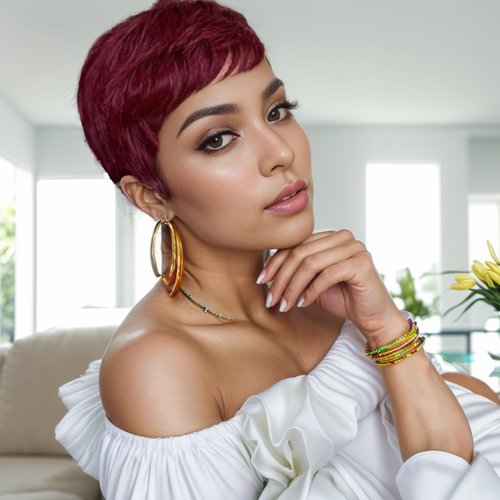 Short wigs for black women Pixie Cut Wig Natural Wavy Synthetic Hair Wigs Pixie Cut Wig with Bangs Short Curly Layered Pixie Wig for Women (Short Wine Red color)