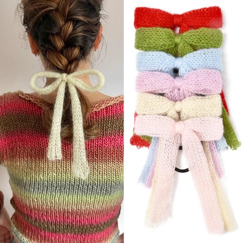 6 Pcs Mohair Hair Bows Mohair knitted Ribbon Hair Tie Velvet Ponytail Holder Elastics Accessories Hair Bow for Women Girls Toddlers Teens Kids Green Blue Beige Red Purple Pink