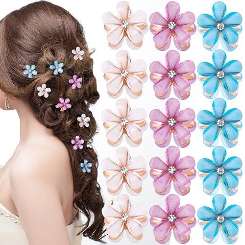 15 PCS Mini Pearl Claw Clip, PAGOW Retro Hair Clips with Daisy Flower, Sweet Artificial Bangs Clips Decorative Hair Accessories for Women Girls (5pcs/Color) Pink Purple Blue (0.83x0.83x0.79 Inch)