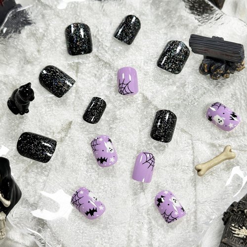 24Pcs Halloween Purple Press on Nails Short Square Fake Nails with Black Glitter Design Halloween Glue on Nails Full Cover False Nails Halloween Nails Stick on Nails for Women
