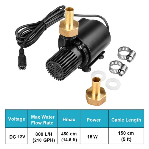 DC 12V 15W Submersible Water Pump with Brass Male Thread Nozzles, Brushless Fountain Circulation Mini Clear Water Pump, 210 GPH, 14½ ft High Lift for Aquarium, Fish Tank Pumping, Rockery