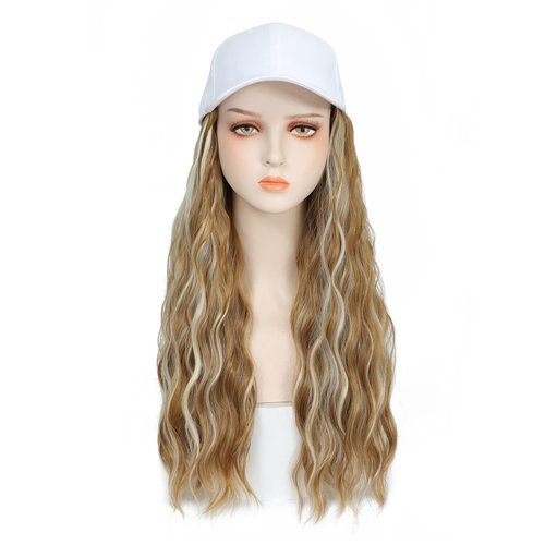 Yunkang Baseball Cap Wig Long Natural Wavy Hair Extensions With White Hat Heat Resistant Synthetic Fiber Hairpieces Adjustable Wig for Women Girls (W-M Blonde honey blonde)