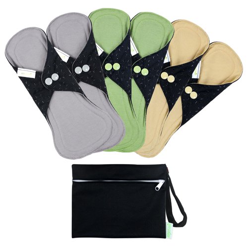 wegreeco 6 Pcs Reusable Menstrual Pads, Ultra Absorbent Cloth Pads for Period, Sanitary Pads for Teens, Women, Nonslip Panty Liners + 1 Pc Wet Bag (Mustard Yellow, Grey, Beige, M)