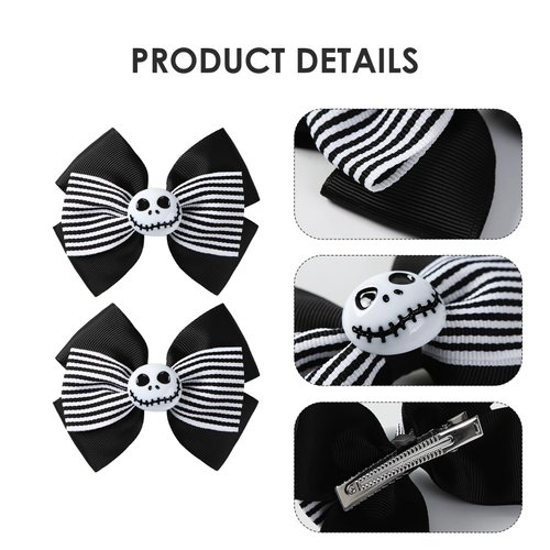 2Pcs Ghost Skull Hair Bows Black White Striped Ribbon Hair Clip Christmas Halloween Costume Accessories Party Decorations for Jack