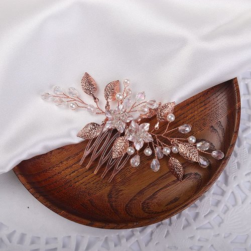 Denifery Flower Bride Wedding Hair Comb Leaf Bridal Hair Piece Pearl Crystal Headpiece for Women and Girls (Rose Gold)