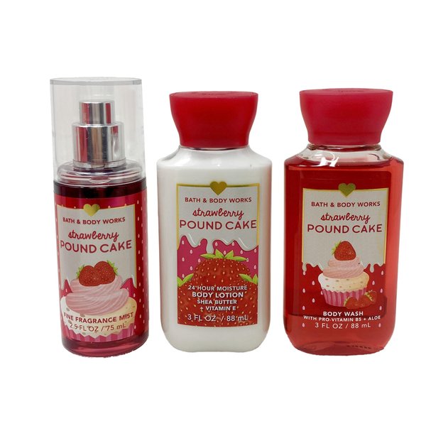 Bath and Body Work Strawberry Pound Cake - Mini Gift Set - Fragrance Mist, Body Lotion and Body Wash
