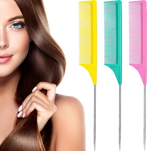 3 Packs Rat Tail Comb Steel Pin Rat Tail Carbon Fiber Heat Resistant Teasing Combs with Stainless Steel Pintail (Yellow, green, pink)