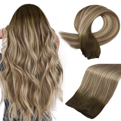 Full Shine Weft Hair Extensions Human Hair 20 Inch Hand Tied Hair Extensions Real Human Hair 60G Blonde Sew In Hair Extensions For Women Hair Extension Wefts Human Hair