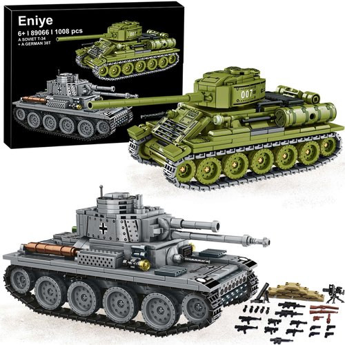 Eniye WW2 Army Tank Toys Building Kit, a German Panzer 38(t) Tank and a Soviet T-34 Tank Model 1008 Blocks Military Toy Gift for Boys, Kids, and Teens Age 6-14