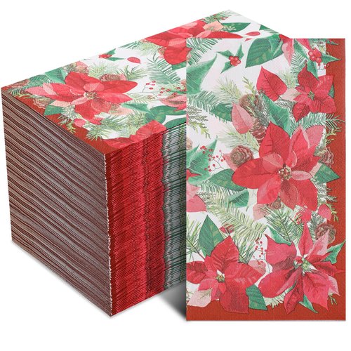 Faccito 100 Pcs Christmas Poinsettia Napkins Poinsettia Floral Paper Napkin Red Flower Cocktail Napkins Vintage Decorative Guest Dinner Napkins for Xmas Holiday Party Supplies(Poinsettia)