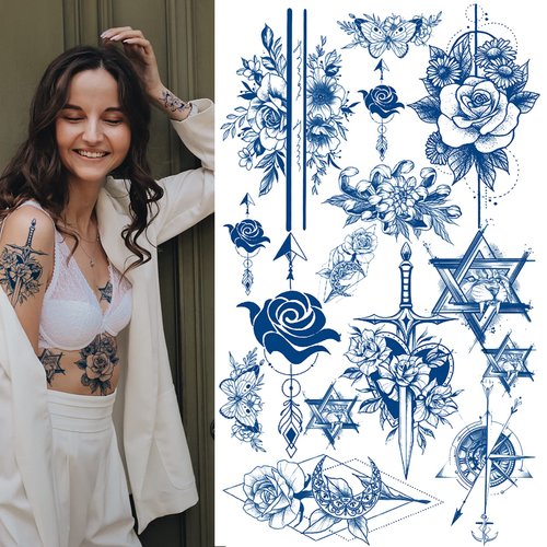 8 Sheet Semi Permanent Tattoos, Waterproof and Long-Lasting 2 Weeks, Plant-Based Ink Realistic Fake Tattoos Stickers for Women Men and Kids Christmas Gift