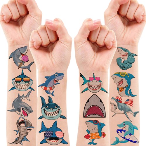 101 PCS Shark Temporary Tattoos Sticker Sea Animal Fish Under The Sea Ocean Birthday Party Decorations Decor Favors Supplies Gifts Boys Girls Baby Shower Cute Fake Tattoo School Reward Themed