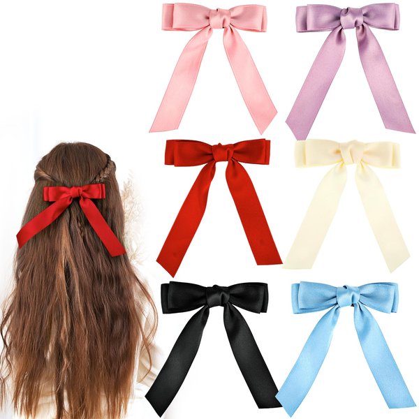 Ouligay 6pcs Silky Satin Hair Bows for Women, Bow Hair Clips with Long Tail, Hair Ribbon Bow Ponytail Holder, Slide Metal Clips Hair Bow Barrettes Clips for Women Girls Toddlers Teens Kids