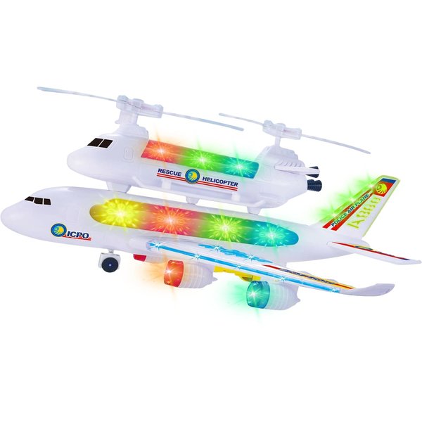 PowerTRC Bump and Go Toy Airplane for Kids with Attachable Rescue Helicopter, Has Flashing 4D Lights and Sound | Police Airplane Model | Self Driving with The Bump and Go Technology
