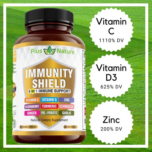 9-in-1 Immune Support Vitamin C (1000mg), Vitamin D3 (5000 IU), Zinc(22mg) with Elderberry, Turmeric, Echinacea, Ginger, Garlic and Pre+Pro-Biotic per serving (120 caps per bottle - 2 month supply)
