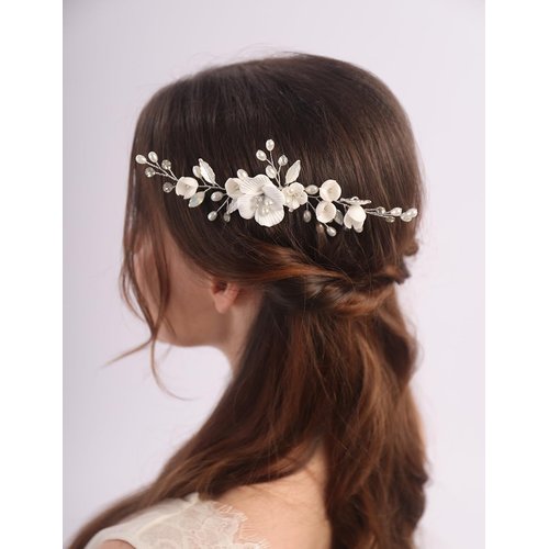Teyglen Flower Bride Wedding Hair Comb Silver Crystal Pearl Hair Piece Leaf Flower Headpiece for Bride Hair Jewelry for Women (Silver)